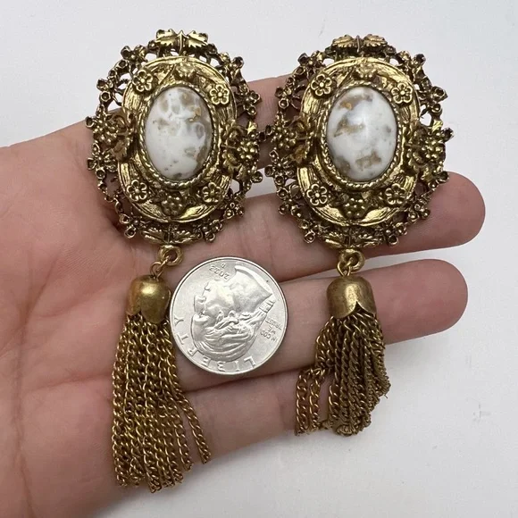 Vintage Victorian Revival Ornate Goldtone Speckle Cabochon Tassel Clip Earrings - Picture 2 of 7